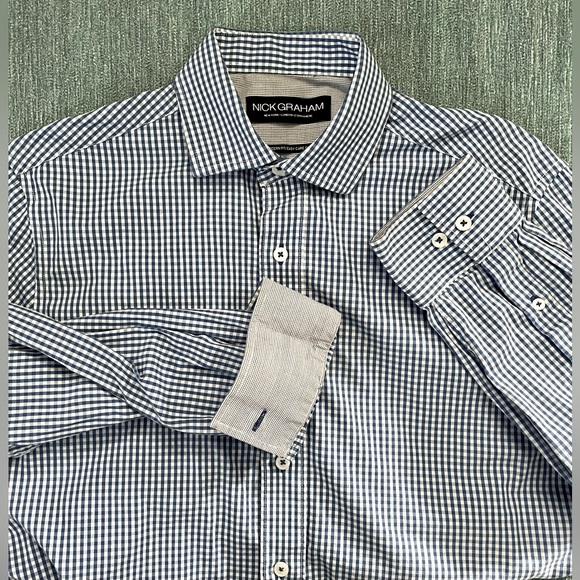 Nick Graham Modern Fit Easy Care Cotton Mini Gingham Checked Collar Button Shirt - Picture 1 of 11